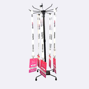 expositor giratorio para lanyards, ideal para eventos y puntos de acreditacion